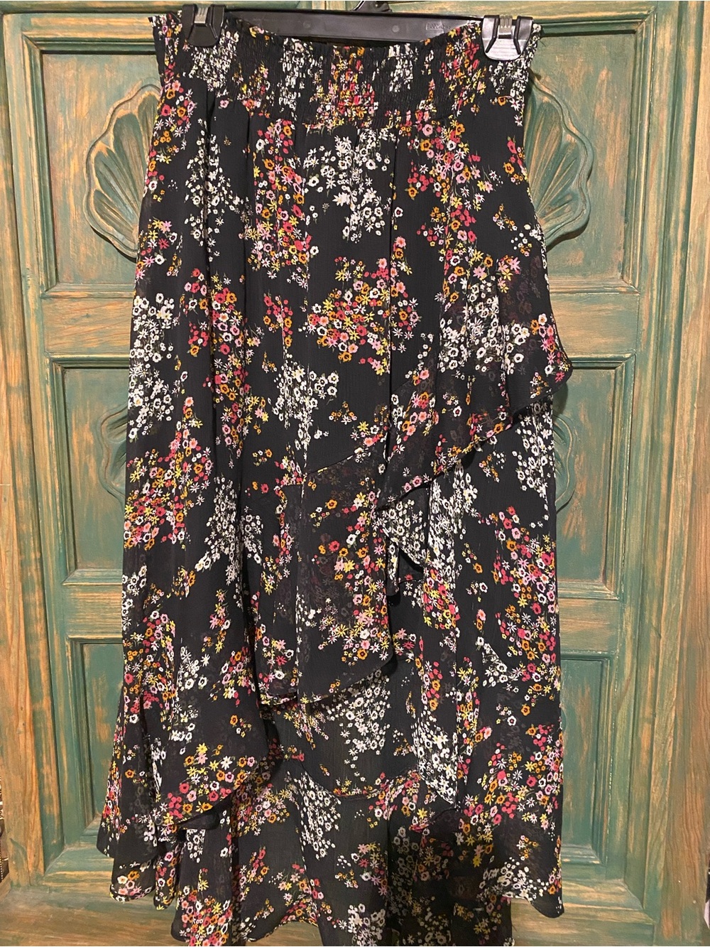 CeCe Black Asymmetrical Midi Skirt with Pink, White & Yellow Floral